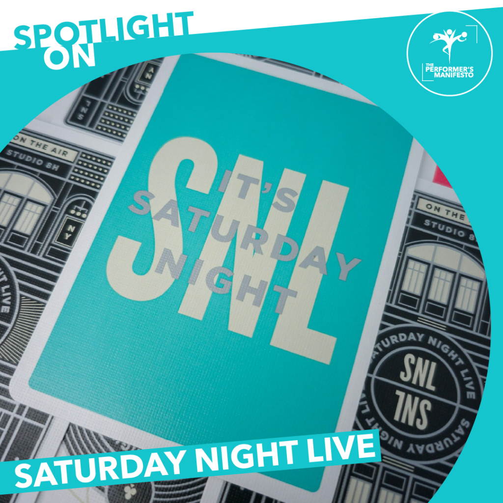 A promotional graphic featuring the phrase “It’s Saturday Night” in bold letters on a turquoise background, with the SNL logo and retro illustrations of Studio 8H in black and white in the background. The graphic includes the headline “Spotlight On” and “Saturday Night Live” along the bottom, with The Performer’s Manifesto logo in the top right corner.