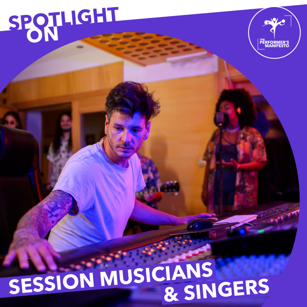 A tattooed male sound engineer adjusts a mixing console in a recording studio while a female session singer stands at a microphone in the background. Other musicians are visible in the room. The image is framed with purple graphics and white text that reads "Spotlight On: Session Musicians & Singers" along with The Performer’s Manifesto logo.